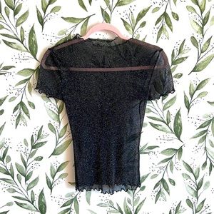 Sheer Black Mesh Scallop Trim Blouse Top